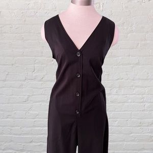 Leo & Sage Size Med Black V-Neck Sleeveless Jumpsuit POCKETS Wide Leg Cropped